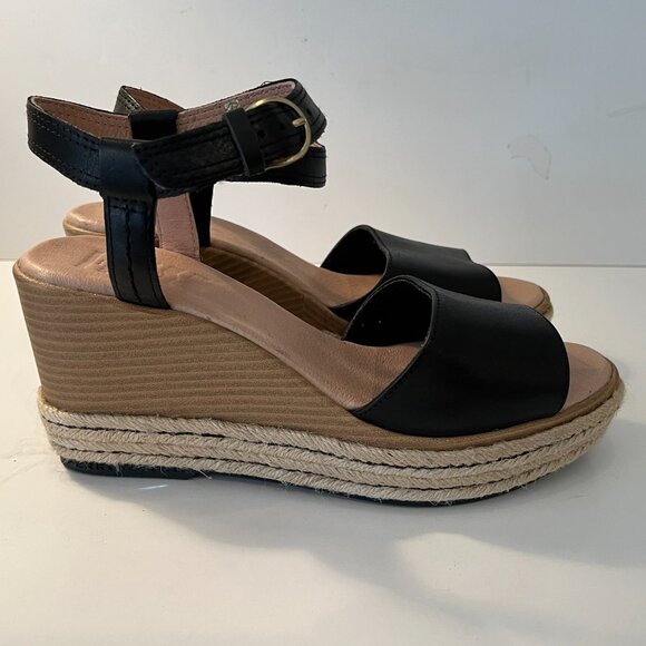 Sperry "Plush Wave" Wedge Black Leather & Jute Sandals ~ Women's Size 9.5M ~ EUC - Picture 1 of 13